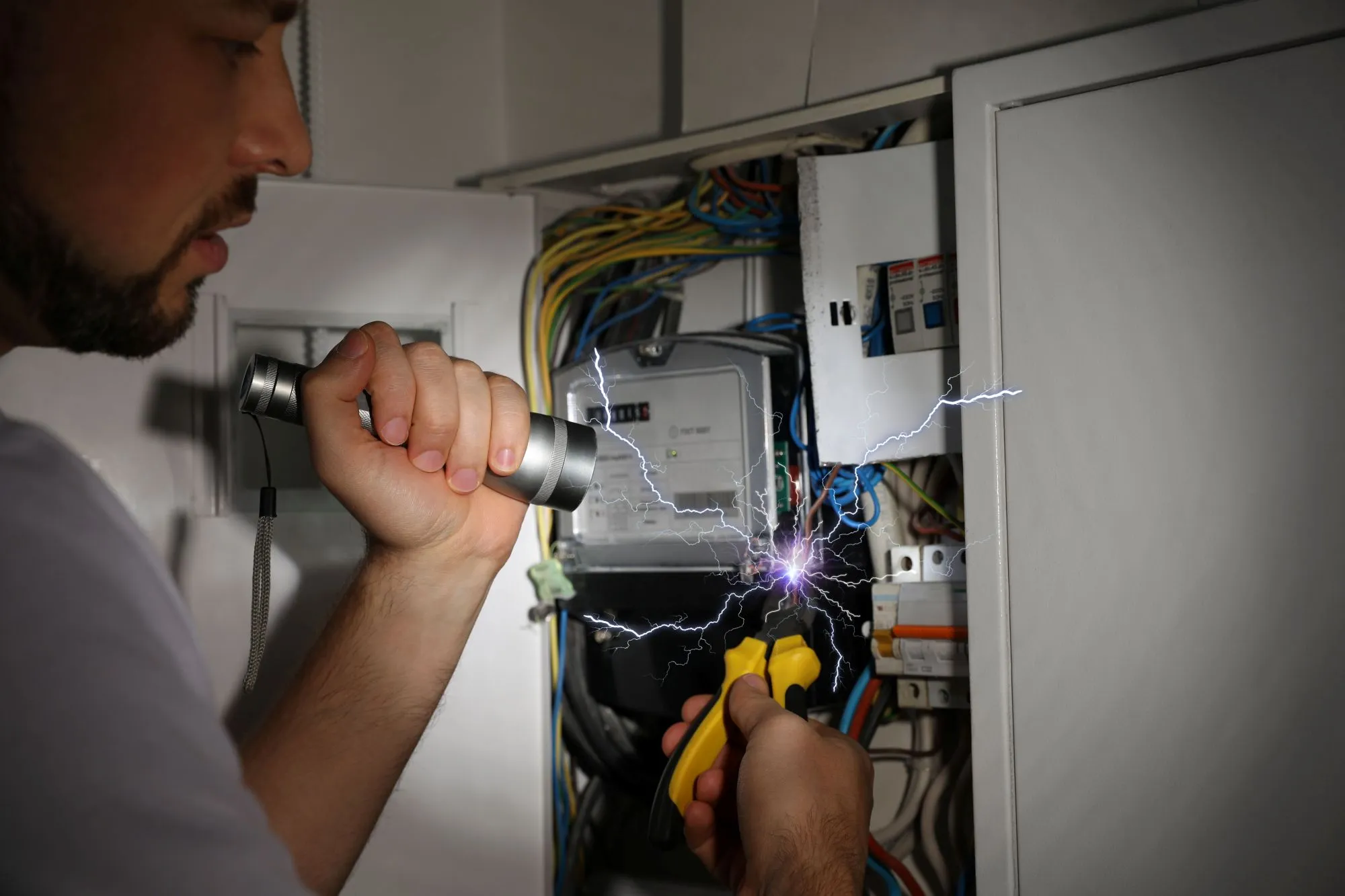 Electrician inspecting electrical outlets and wiring in an older Winnipeg home