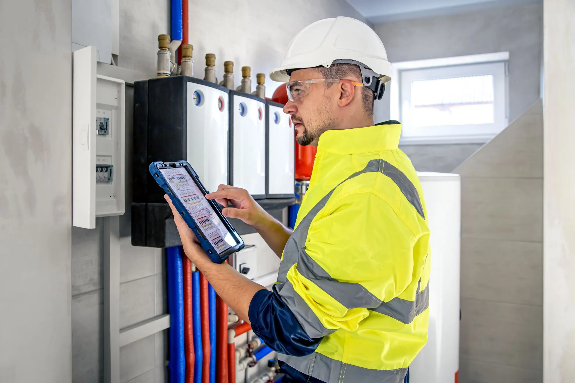 Electrician assessing commercial electrical capacity for planned business equipment upgrades